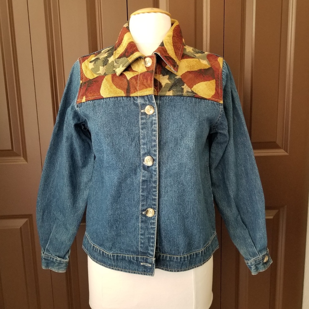 Coldwater Creek Denim American Flag Tapestry Shirt